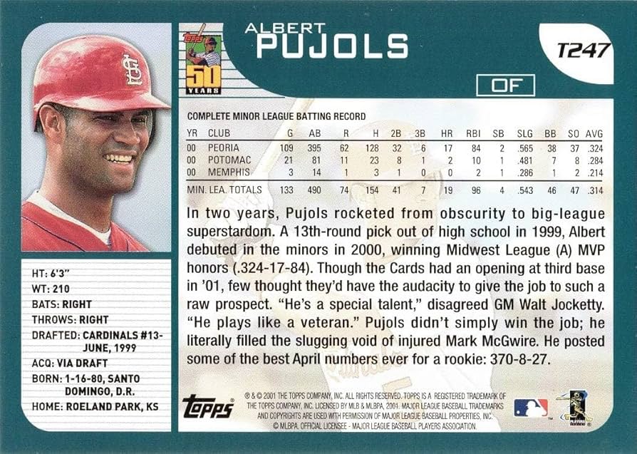 その他  Pujols RC topps Albert Pujols 2001 Topps Chrome Traded T247 SP Rookie Card